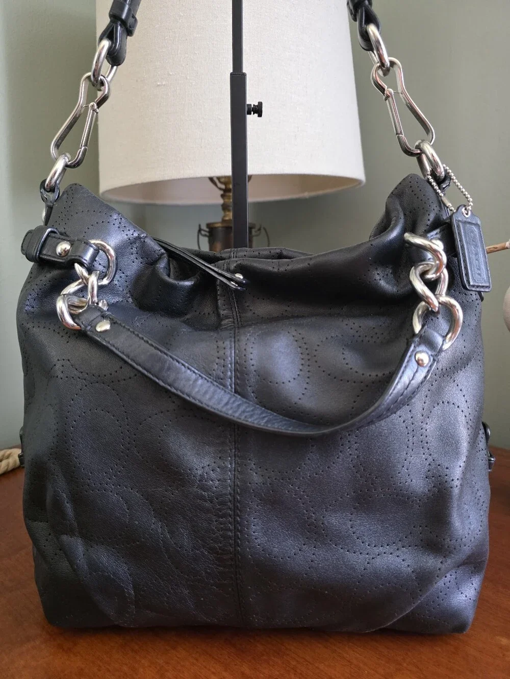 Coach F16908 Brooke Convertible Duffle Black Signature Perforated Leather Bag